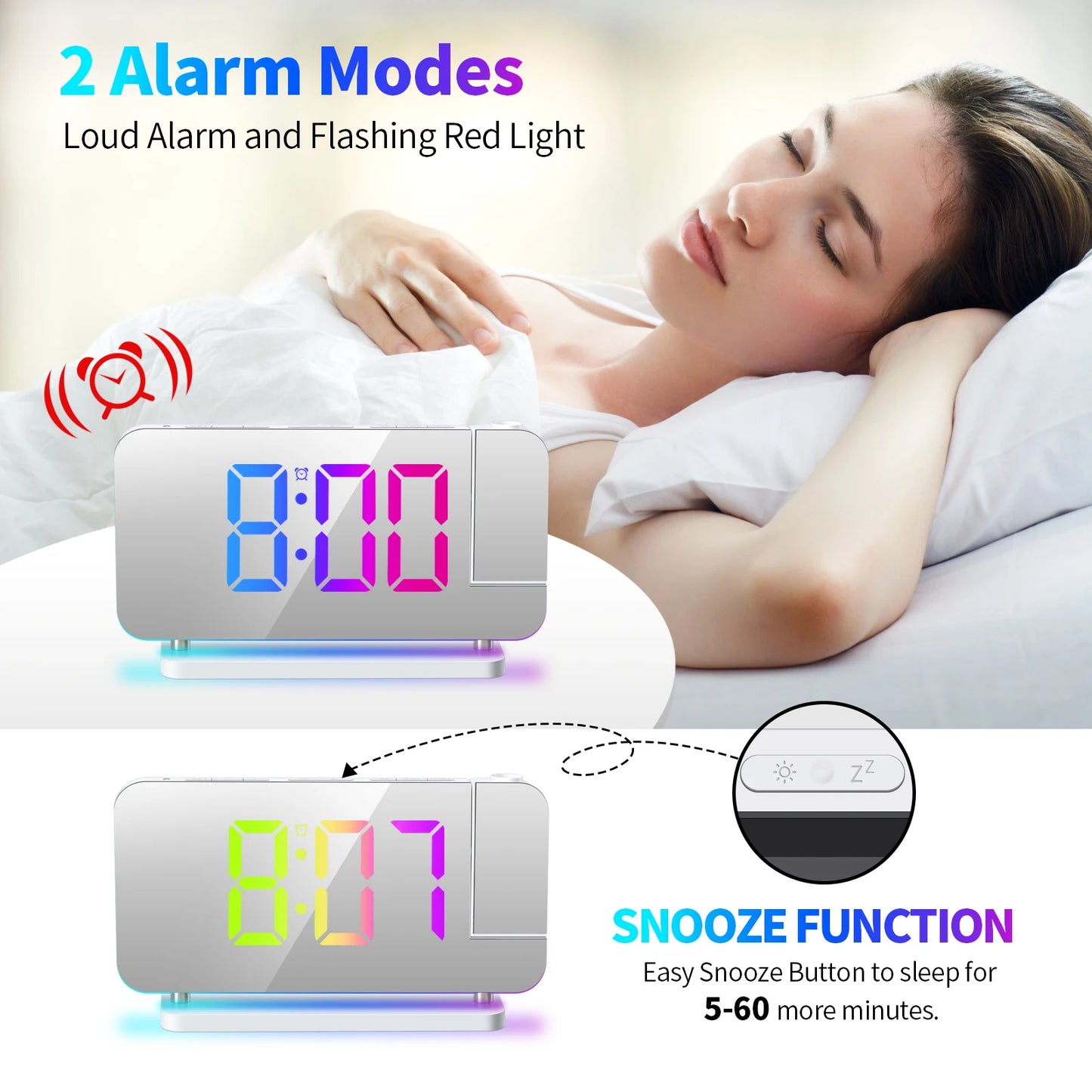 Projection Alarm Clock RGB Colorful LED Digital Clock