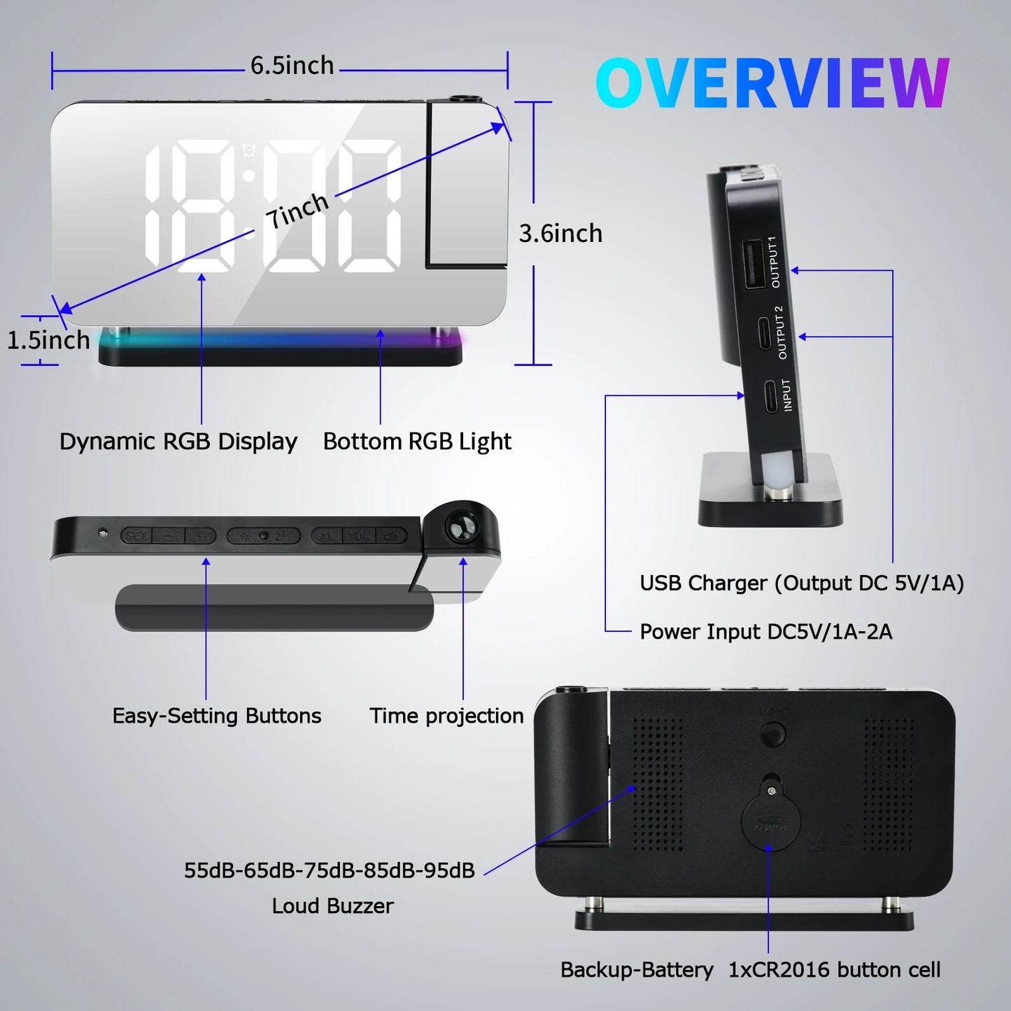 Projection Alarm Clock RGB Colorful LED Digital Clock
